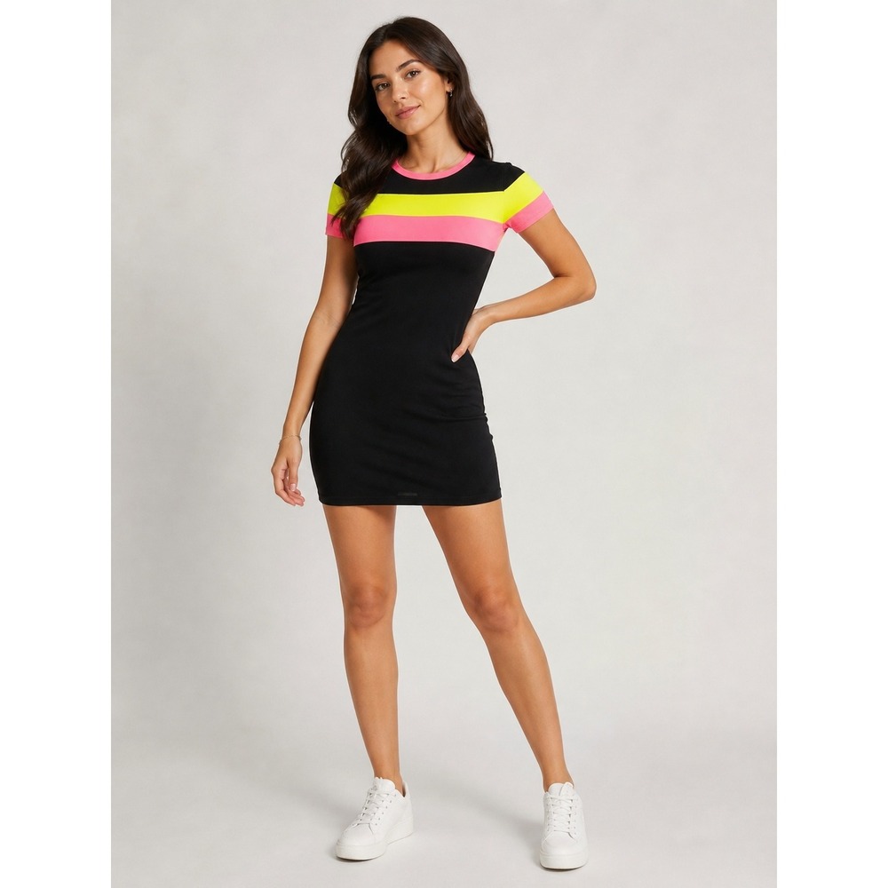 True Rock Womens Neon Colorblock Bodycon T-Shirt Dress Black Pink Yellow Medium